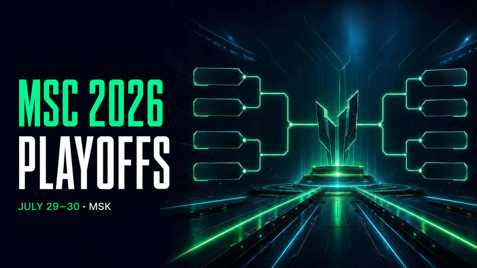 MSC 2026 Mobile Legends playoff bracket with eight teams in a futuristic esports arena